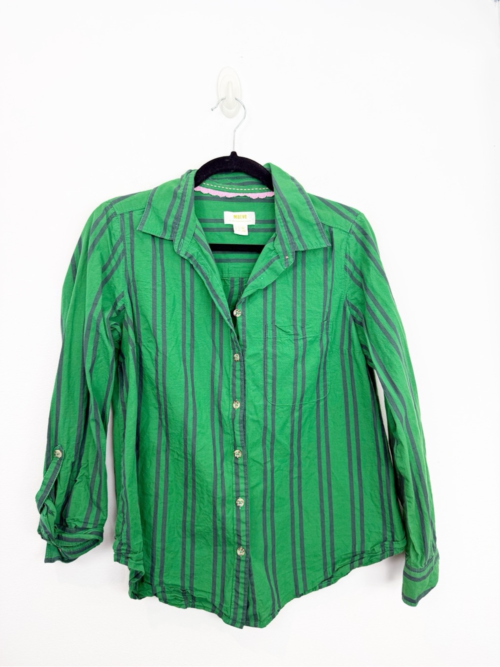 Maeve By Anthropologie Green Striped Button Down Long Sleeve Size 8